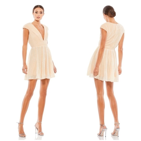 IEENA FOR MAC DUGGAL Sequined Cap Sleeve Fit And Flare Mini Dress In Porcelain - Picture 1 of 7